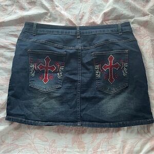 Embellished Denim Skirt with Cross Design